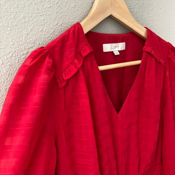 LOFT V Neck Textured Embossed Tiered Dress - Scarlet Red - 4 - Picture 2 of 11